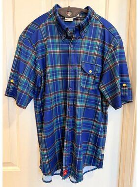 Iliac Golf Plaid Button Down Shirt Blue Tartan Medium USA Made